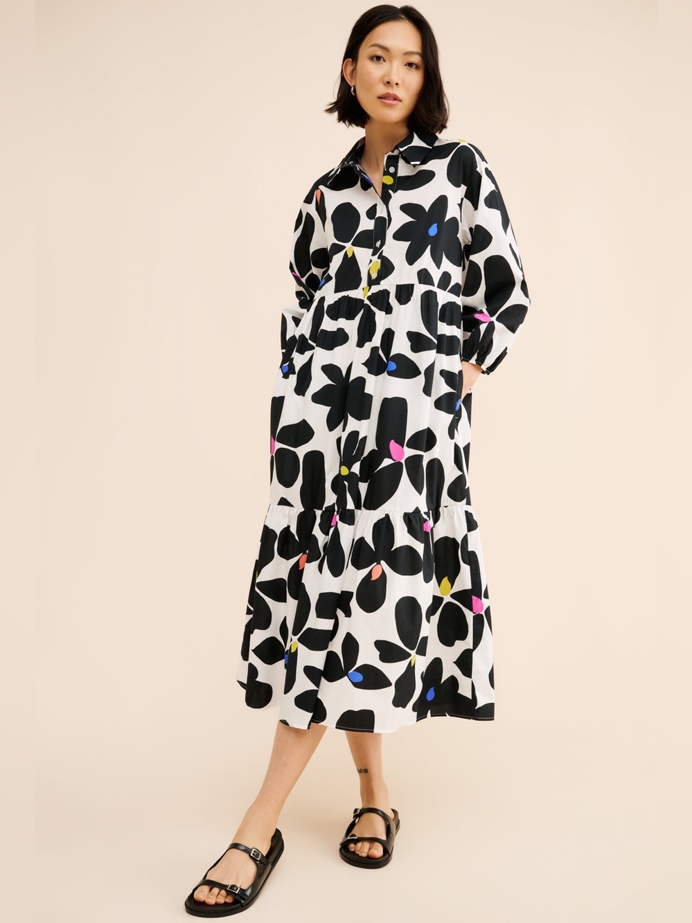 Black & White Floral Print Shirt Dress with Color Accents